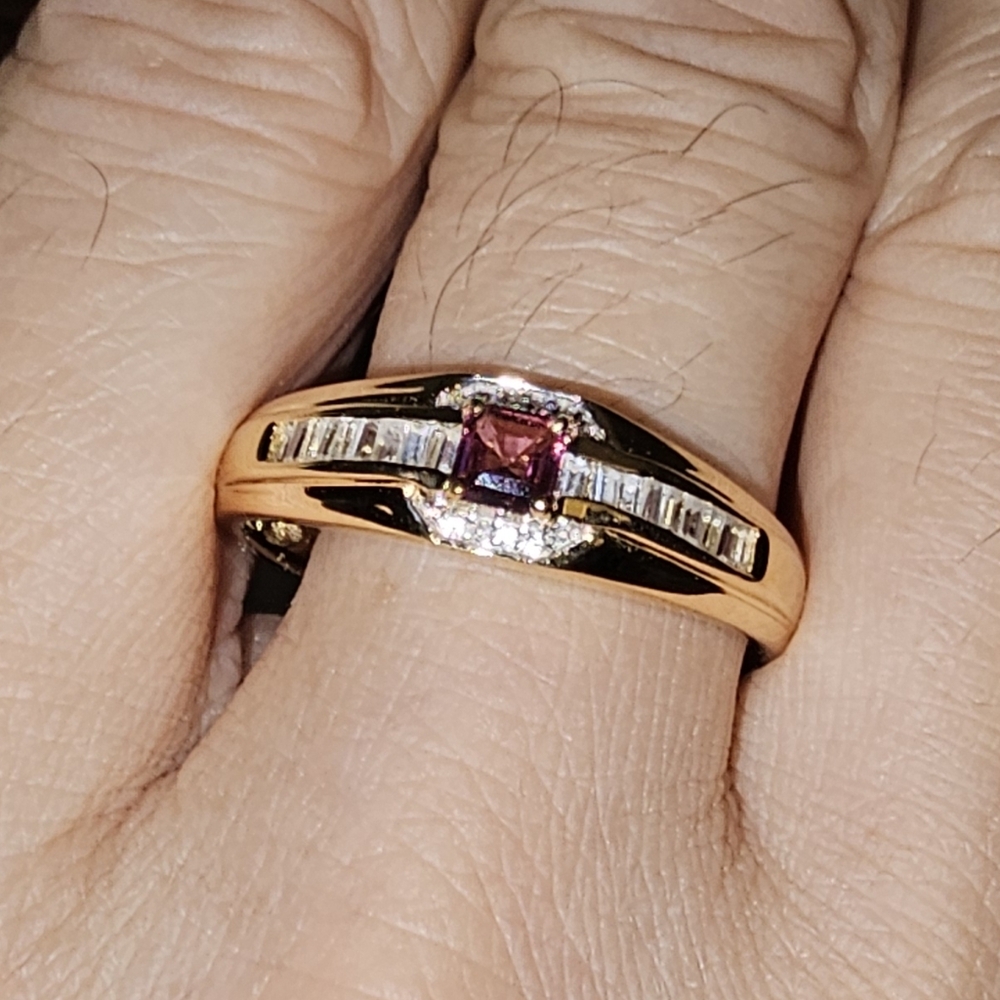 Sz 14, Men's Rubelite/White Zircon Wedding/Birthstone Ring, 14KYG Vermeil, NWT